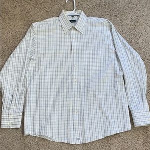 IZOD plaid blue, tan and white button up shirt